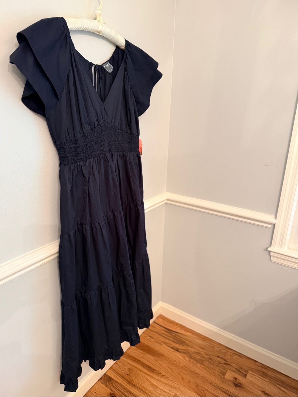Arula Navy Tiered Midi Dress Smocked Waist Flutter Sleeve 2X NWT - Picture 3 of 12